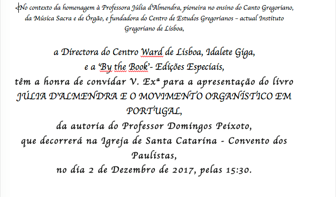 Hoje apresentação do livro "Julia D'Almendra e o Movimento Organístico…