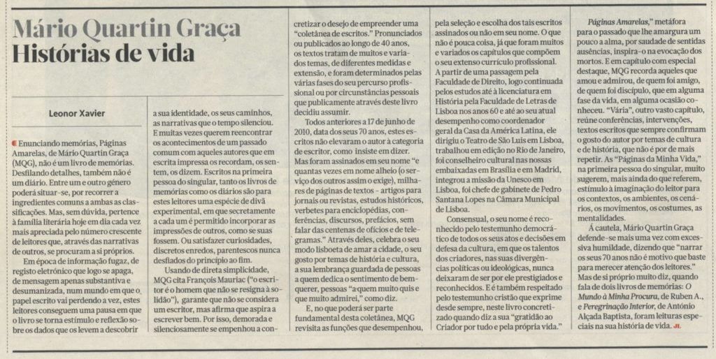 "Mário Quartin Graça, Histórias de Vida" – Jornal de Letras, Artes e Ideias