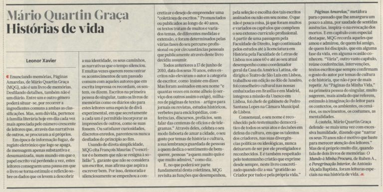 “Mário Quartin Graça, Histórias de Vida” – Jornal de Letras, Artes e Ideias